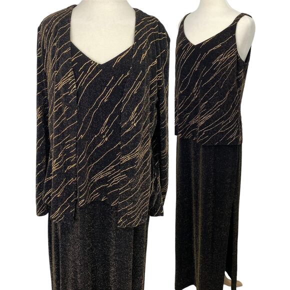 Vintage Alex Evenings Gown & Jacket Set Black Gold Metallic Design Layered 16 - Picture 1 of 16